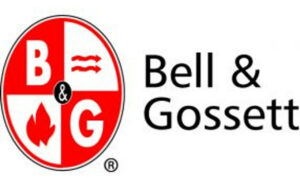 Red and black Bell and Gossett Logo with water and flame design