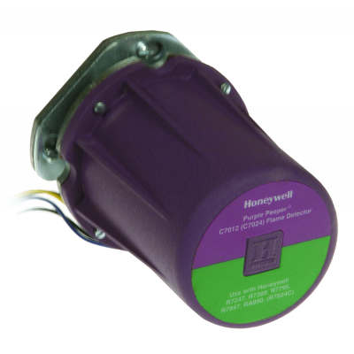 Purple cylindrical UV flame detector with Honeywell label