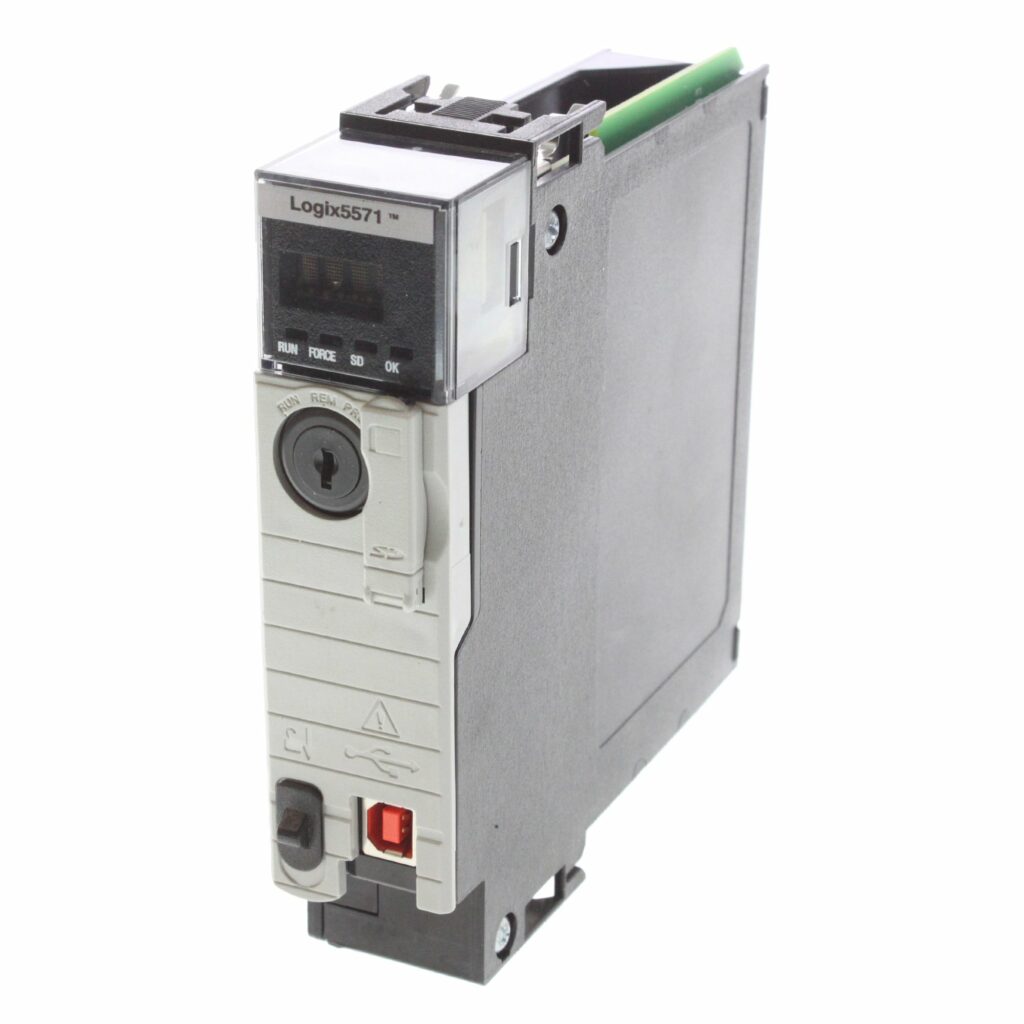 Grey PLC card with display, keyed switch, SD slot, and lock