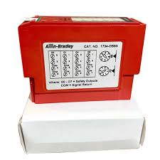 Red plastic covered PLC module with Allen Bradley label